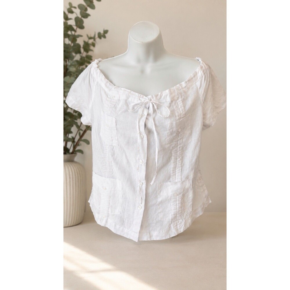 Guajiro White Linen Off Shoulder Guayabera Top Size XL Fits Like M Cropped